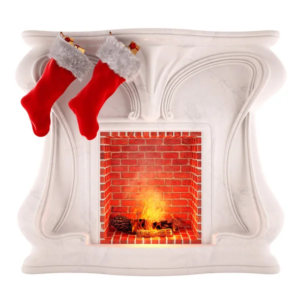 白い背景で隔離のクリスマス暖炉の装飾 ストック画像