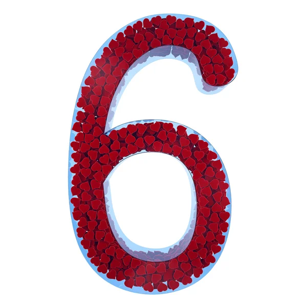 Number of 6 from blue glass. Filled with red hearts from a velve — Stock Photo, Image