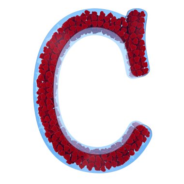 Mavi camdan c harfi. bir velve gelen kırmızı kalpler ile dolu