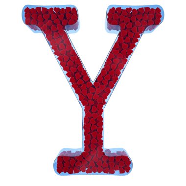 Mavi cam y harfi. bir velve gelen kırmızı kalpler ile dolu