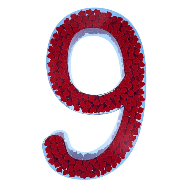 Number of 9 from blue glass. Filled with red hearts from a velve — Stock Photo, Image