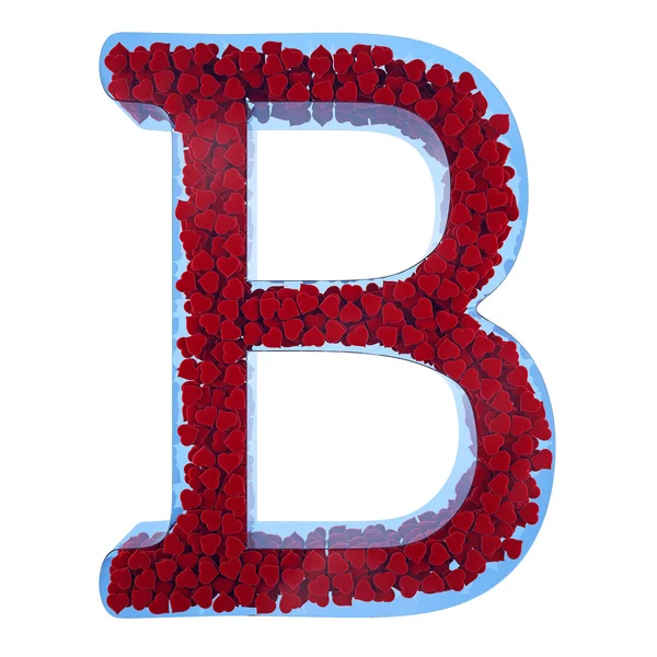 Brief van b van blauw glas. gevuld met rode harten van een velve — Stockfoto