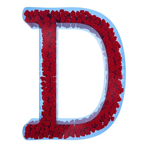 Letter of D from blue glass. Filled with red hearts from a velve — Stock Photo, Image