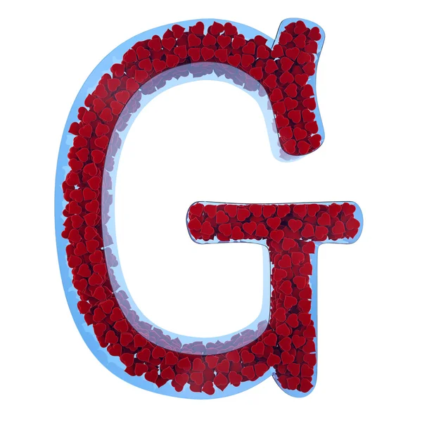 Επιστολή του g από μπλε γυαλί. γεμάτο με κόκκινες καρδιές από ένα velve — Φωτογραφία Αρχείου