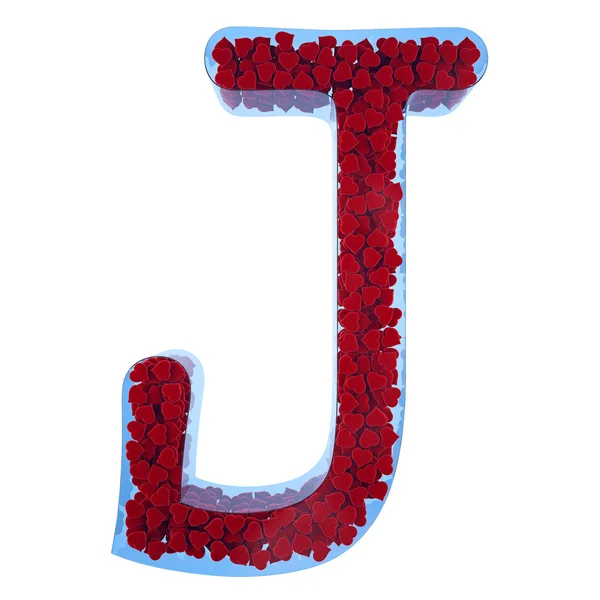 Letter of J from blue glass. Filled with red hearts from a velve — Stock Photo, Image