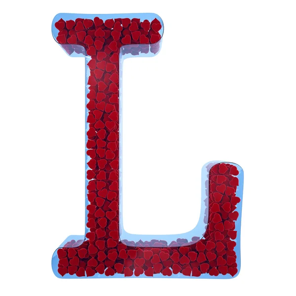 Letter of L from blue glass. Filled with red hearts from a velve — Stock Photo, Image