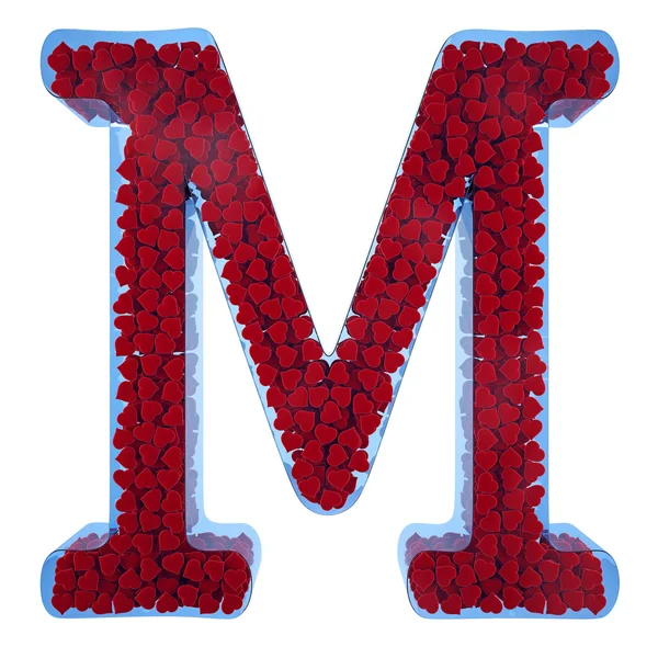 Буква М из голубого стекла. Наполненный красными сердцами из бархата — стоковое фото