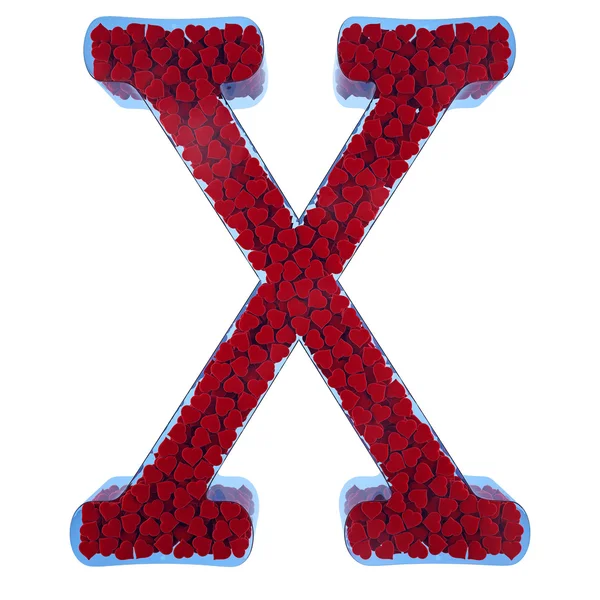 Letter of X from blue glass. Filled with red hearts from a velve — Stock Photo, Image
