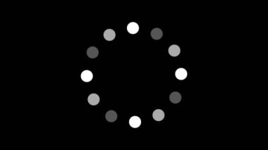 Beyaz nokta simgesinin animasyonu siyah arkaplan üzerinde bir daire şeklinde birbiri etrafında sıralanmıştır. Yükleme işlemi için bir gösterge. Kusursuz döngü. Video canlandırmalı arkaplan.