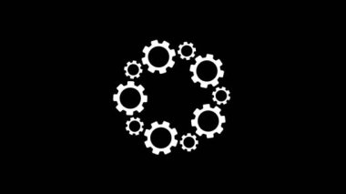 Beyaz dişli simgelerinin animasyonu siyah zemin üzerinde bir daire şeklinde sıralanmıştır. Yükleme işlemi için bir gösterge. Kusursuz döngü. Video canlandırmalı arkaplan.