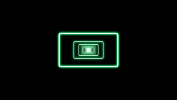 抽象的な黒の背景を持つ緑の四角形の線ネオン トンネルの正面ビュー 超紫外線 輝く線 仮想現実 シームレスループアニメーション — ストック動画