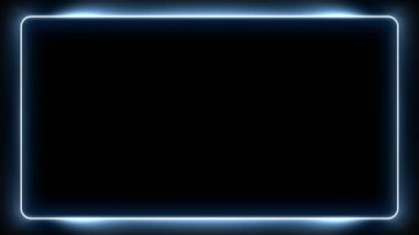 Neon renkli dikdörtgen çerçeve, fotokopi alanı ile siyah arkaplan üzerinde ışıltılı efektler. Boş parlayan tekno fon. Kusursuz döngü. Video canlandırmalı arkaplan.
