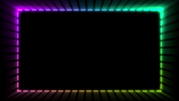 Neon Colorful Rectangular Frame Shining Effects Black Background Copy Space — Stock Video