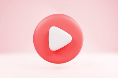 3d social media play video in background. 3d red round play button for start multimedia player concept of video, Play interface symbol isolated on white background. 3D rendering.