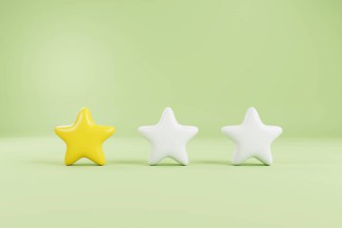 3d review rating stars for best excellent services rating for satisfaction. Achievements for games. Customer rating feedback concept from client about employee of website. 3d rendering