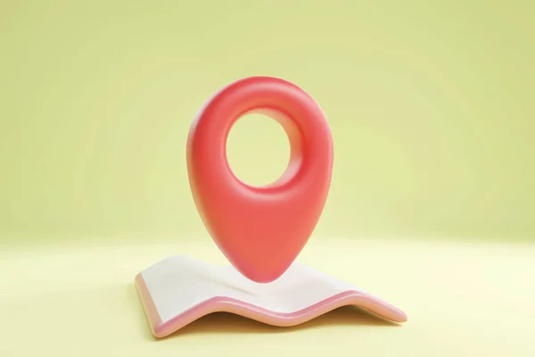 3D location point marker of map or navigation pin icon sign on isolated light yellow background. navigation is red pastel colour with shadow on map direction. 3d GPS pin. 3d rendering