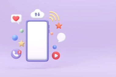Smartphone with social media technology. 3d open smartphone with cloud of application icons, isolated purple background, 3d rendering