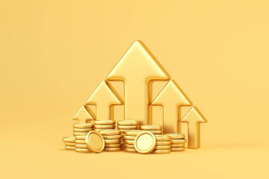 Sarı arka planda altın ve bozuk para yığınları. Finansal başarı ve büyüme kavramı. Tasarruf yatırım kavramı 3d oluşturma