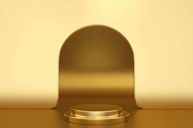 Altın ürün arkaplan standı ya da reklam sunumunda podyum kaidesi. Stüdyo ürün sunumu için arka planda maket yapıyor, daire şekilleri ve yerde podyumu var. minimal biçim 3D oluşturma.