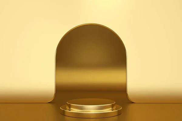 Gold product background stand or podium pedestal on advertising display. Studio mock up background for product presentation, with circle shapes, podium on the floor. minimal style.3D rendering.