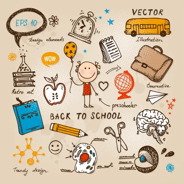 Handgetekende kinderen set. terug naar school illustratie. — Stockvector