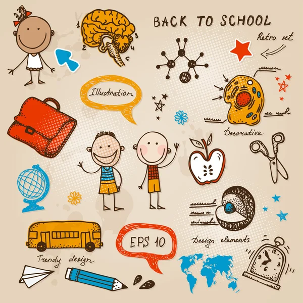 Handgezeichnete Kindersets. zurück zur Schulillustration. — Stockvektor