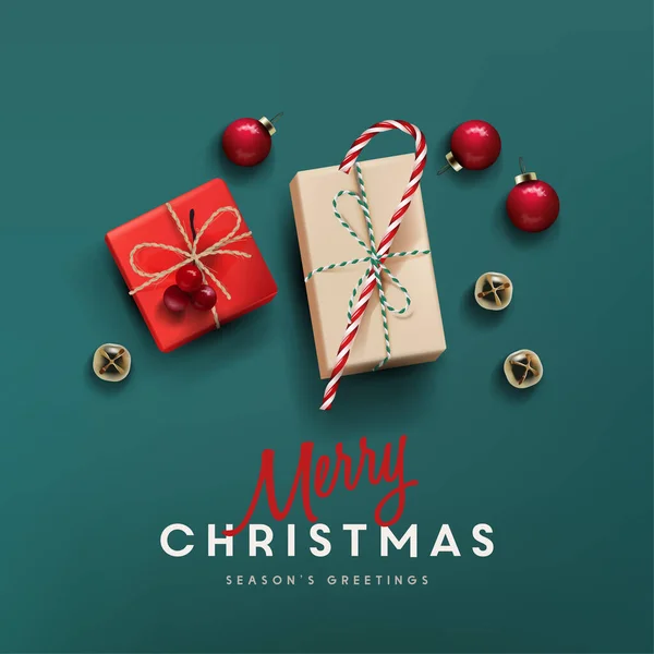 フラットレイ現実的なクリスマスのシンボルとベクトルイラスト クリスマスグリーティングカード — ストックベクタ