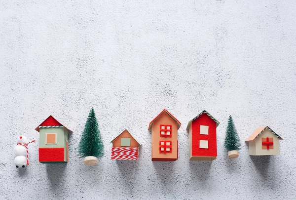 Wesołych Świąt Kartka Pozdrowieniami Cute Zabawek Domki Symbole Bożego Narodzenia — Zdjęcie stockowe