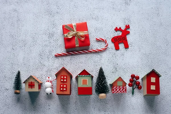Güzel Oyuncak Evleri Noel Sembolleri Olan Mutlu Noel Tebrik Kartları — Stok fotoğraf