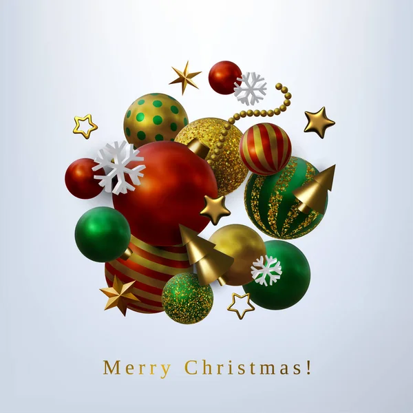 要約異なる黄金の星 クリスマスツリーとボールとクリスマス3Dベクトルイラスト — ストックベクタ