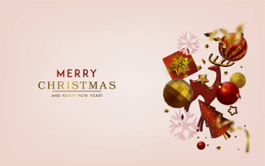 Farklı altın yıldızlara, Noel ağaçlarına ve toplara sahip üç boyutlu soyut Noel vektör çizimi.