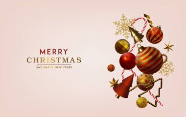 Farklı altın yıldızlara, Noel ağaçlarına ve toplara sahip üç boyutlu soyut Noel vektör çizimi.