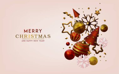 Farklı altın yıldızlara, Noel ağaçlarına ve toplara sahip üç boyutlu soyut Noel vektör çizimi.