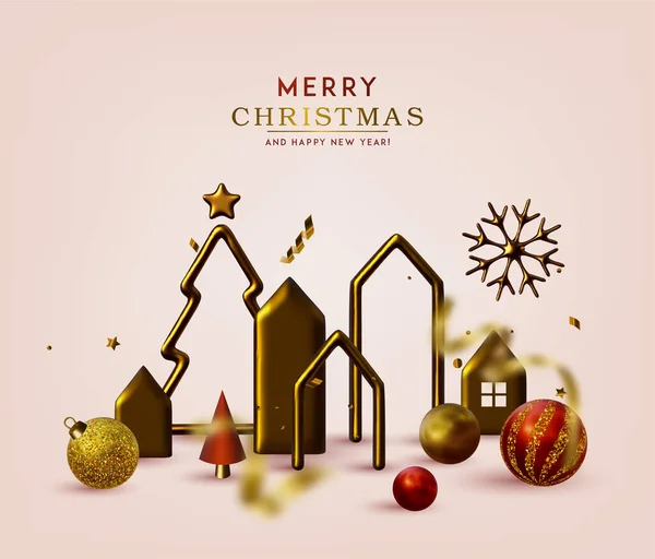 抽象的圣诞节3D矢量插图与不同的金色的星星 圣诞树和球 小圣诞城市 — 图库矢量图片