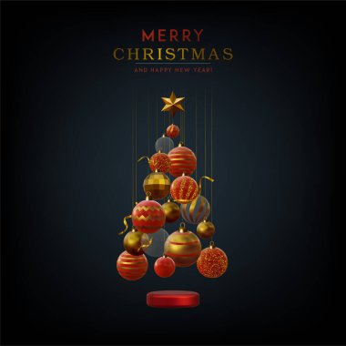 Farklı altın yıldızlara, Noel ağaçlarına ve toplara sahip üç boyutlu soyut Noel vektör çizimi. Küçük Noel şehri. 