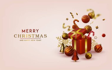 Farklı altın yıldızlara, toplara ve hediye kutusuna sahip soyut Noel 3D vektör çizimi.