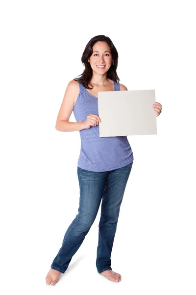 Glückliche Frau, die Whiteboard hortet — Stockfoto