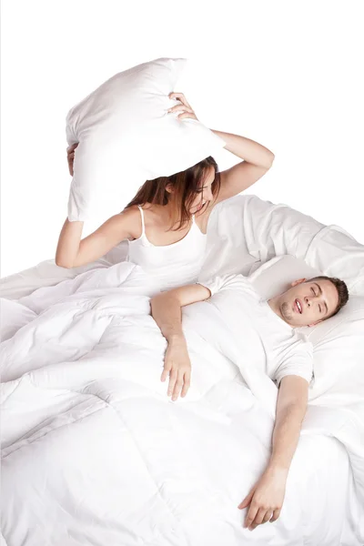 Snoring asleep in bed frustration — Stock Photo, Image