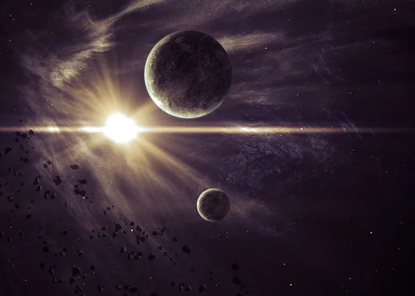 Планети з сяючою зіркою в космосі — стокове фото