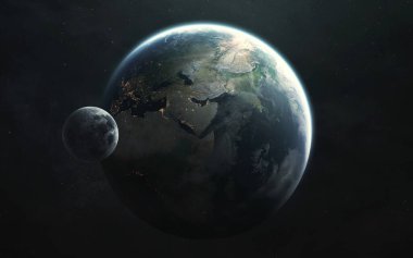 Afrika, Avrupa, Asya. Uzaydan Dünya ve Ay görünümü. Görüntü elementleri Nasa tarafından sağlandı