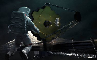 Astronotlar James Webb teleskopunu inceliyor. JWST fırlatma sanatı. Görüntü elementleri Nasa tarafından sağlandı