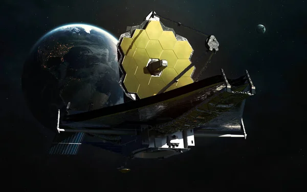 Il telescopio James Webb che orbita attorno al pianeta Terra. Lancio JWST art. Elementi di immagine forniti da Nasa — Foto Stock