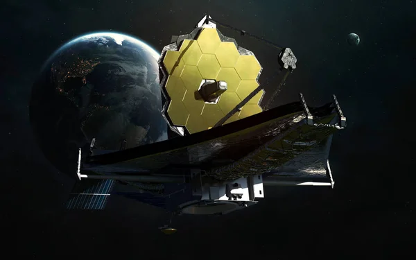 The James Webb telescope orbiting planet Earth. JWST launch art. Elements of image provided by Nasa — Stock Photo, Image