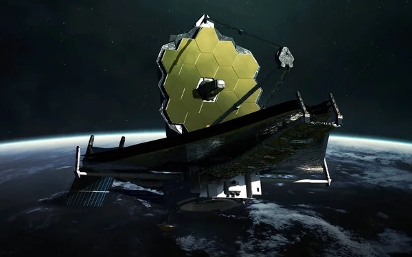 El telescopio James Webb orbitando el planeta Tierra. Lanzamiento de JWST art. Elementos de imagen proporcionados por Nasa — Foto de Stock