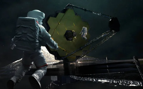 Astronauts examines the James Webb telescope. JWST launch art. Elements of image provided by Nasa — Stockfoto