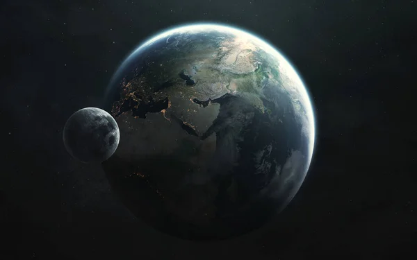 Afrique, Europe, Asie. Planète Terre et Lune vue de l'espace. Éléments d'image fournis par Nasa Image En Vente