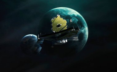 Langrange L2 noktasındaki James Webb teleskopu. JWST fırlatma sanatı. Görüntü elementleri Nasa tarafından sağlandı