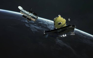 İki teleskop James Webb ve Hubble. JWST fırlatma sanatı. Görüntü elementleri Nasa tarafından sağlandı