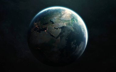Afrika, Avrupa, Asya. Uzaydan Dünya ve Ay görünümü. Görüntü elementleri Nasa tarafından sağlandı
