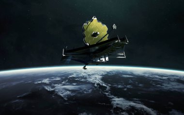 Dünya 'nın yörüngesindeki James Webb teleskopu. JWST fırlatma sanatı. Görüntü elementleri Nasa tarafından sağlandı